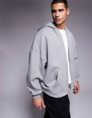 premium heavyweight oversized zip through hoodie 400gsm with fixed hem in gray heather