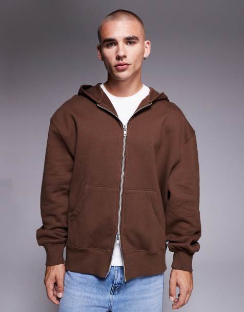 ASOS DESIGN premium heavyweight oversized zip through hoodie in 400gsm in brown - BROWN - view 1
