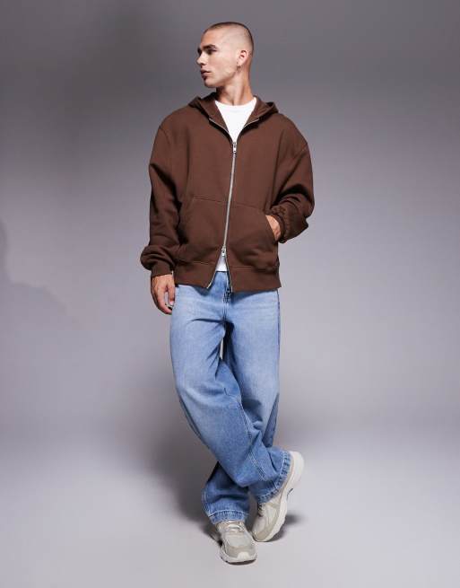 ASOS DESIGN premium heavyweight oversized zip through hoodie in 400gsm in brown