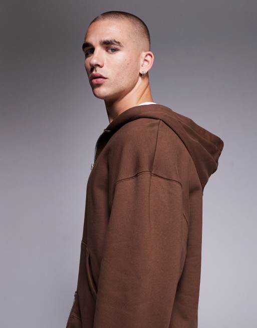 ASOS DESIGN premium heavyweight oversized zip through hoodie in 400gsm in brown, 4 of 5