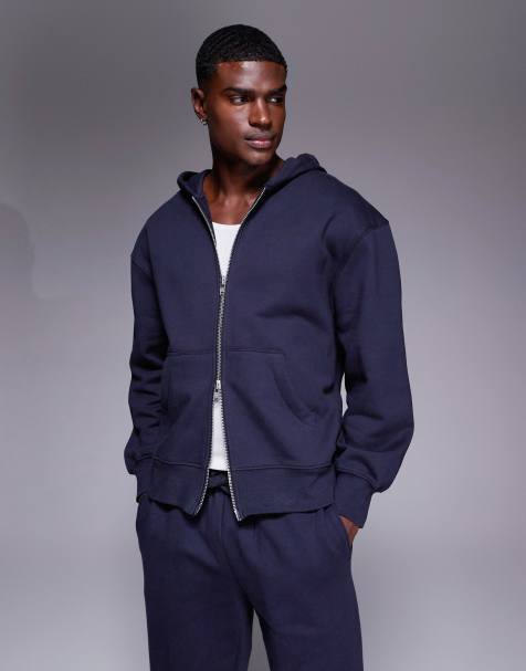ASOS DESIGN premium heavyweight oversized zip through hoodie in navy - view 1