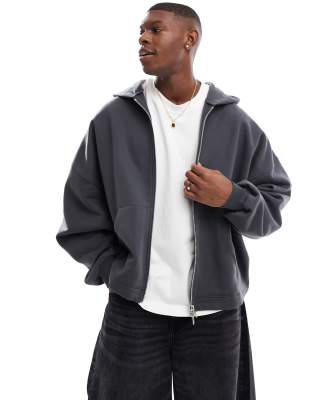 premium heavyweight oversized zip through sweatshirt 400gsm with fixed hem in charcoal-Gray