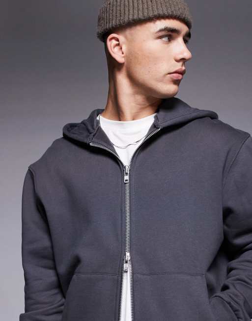 ASOS DESIGN premium heavyweight oversized zip up hoodie in 400gsm washed gray, 4 of 4