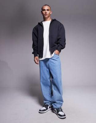 Asos Design Premium Heavyweight Oversized Zip Up Hoodie In Blue