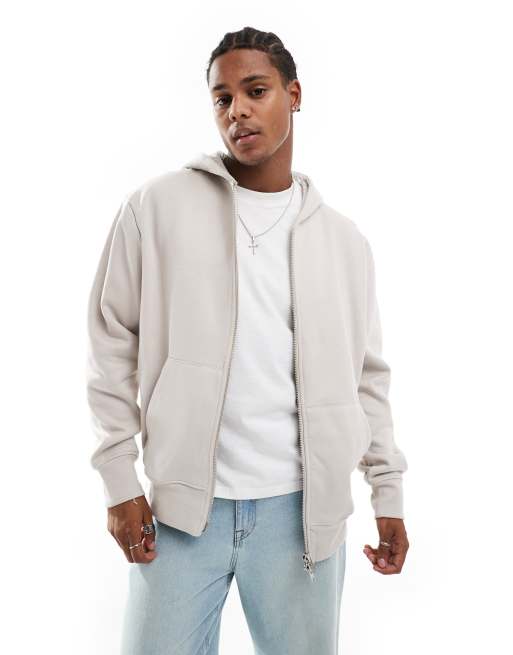 ASOS DESIGN premium heavyweight oversized zip up hoodie in light gray beige ASOS