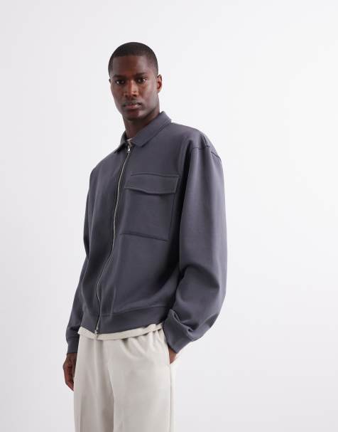ASOS DESIGN premium heavyweight oversized zip up jersey shacket in 400gsms in charcoal - view 1
