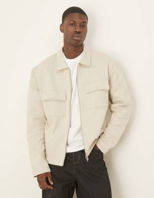 premium heavyweight oversized zip up shacket in beige-Neutral