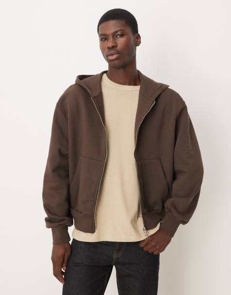 ASOS DESIGN premium heavyweight ovesized boxy zip through hoodie in 400gsms in brown  - BROWN - view 1