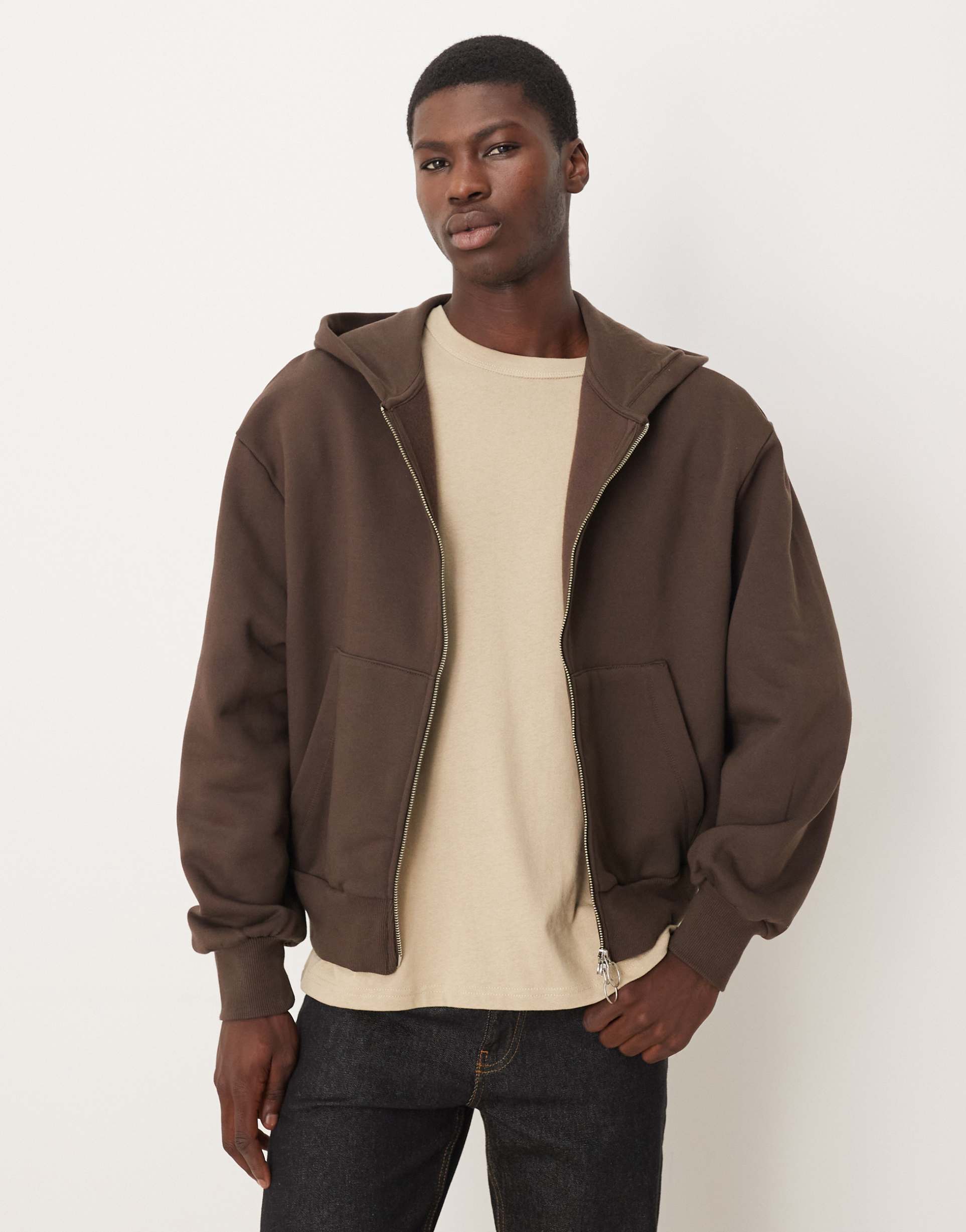 ASOS DESIGN premium heavyweight ovesized boxy zip through hoodie in 400gsms in brown  - BROWN