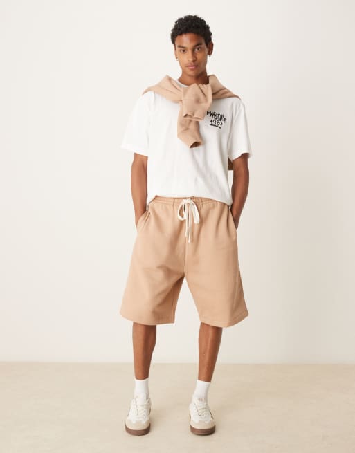 ASOS DESIGN premium heavyweight shorts with embroidery on back pocket in beige