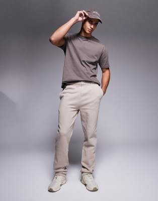 ASOS DESIGN premium heavyweight straight leg joggers 400gsm in beige-Neutral