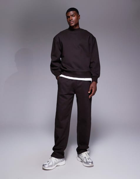 ASOS DESIGN premium heavyweight straight leg trackies in 400gsm in brown - view 1