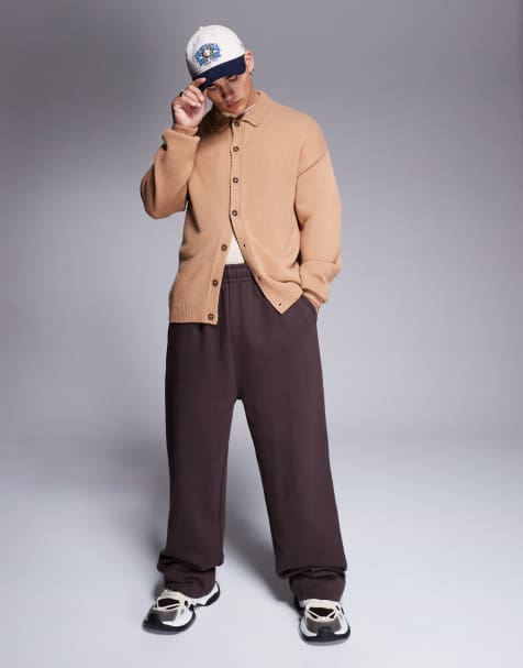 ASOS DESIGN premium heavyweight wide leg trackies 400gsm in brown - view 1