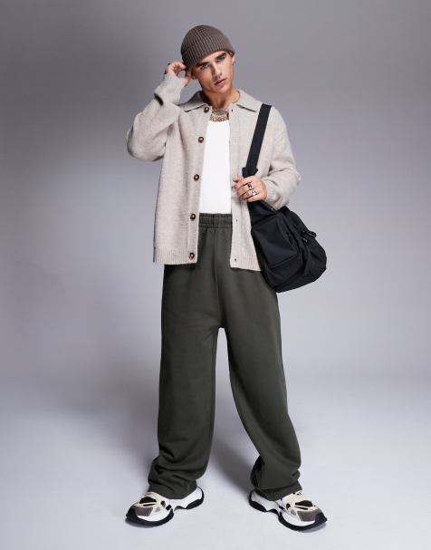 ASOS DESIGN premium heavyweight wide leg trackies 400gsm in khaki - view 1