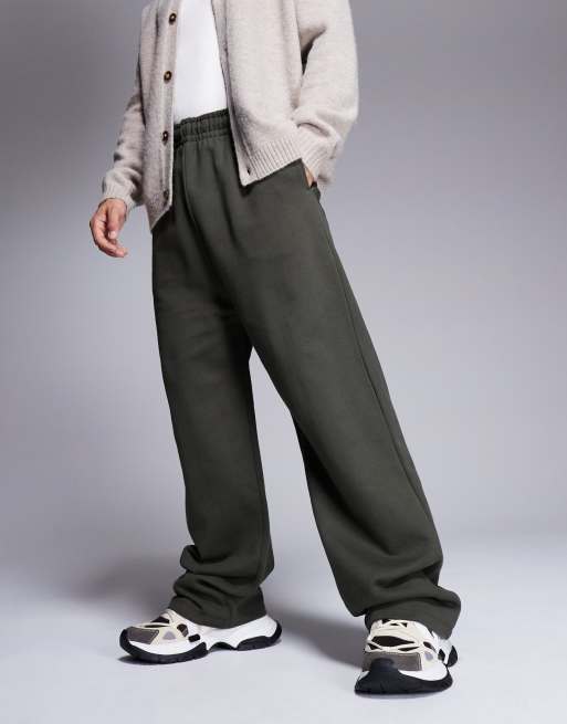 ASOS DESIGN premium heavyweight wide leg trackies 400gsm in khaki | ASOS