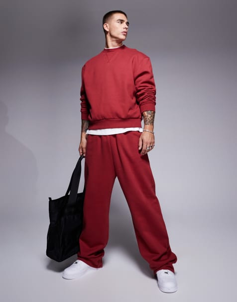 ASOS DESIGN premium heavyweight wide leg trackies 400gsm in red - view 1