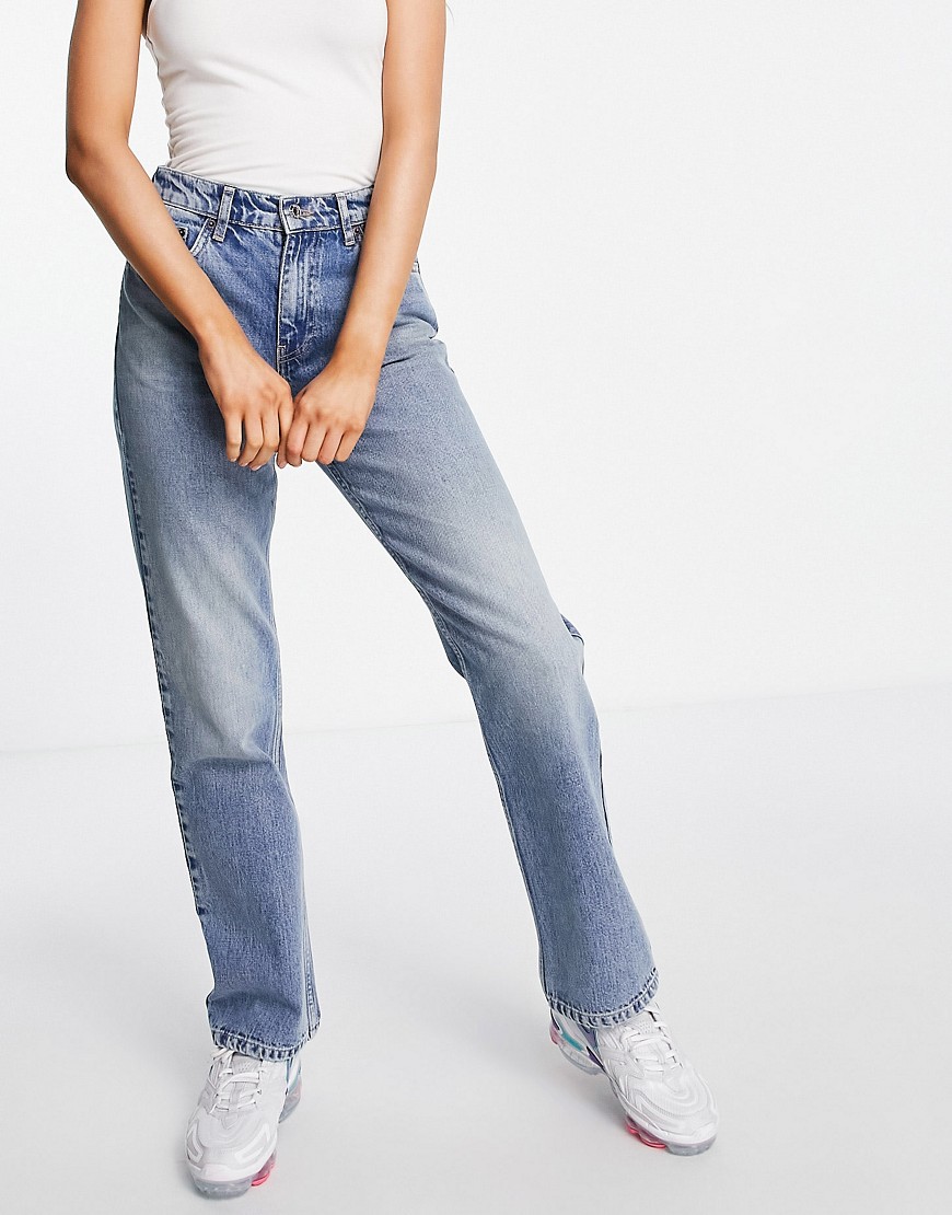 Asos Design Premium Cotton Blend Mid Rise Straight Leg Jean In Midwash - Mblue-blues