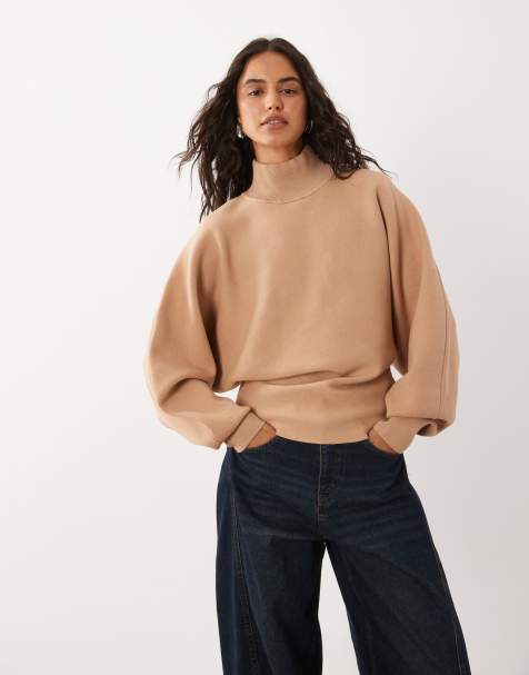 ASOS DESIGN premium high neck batwing compact jumper in camel - view 1