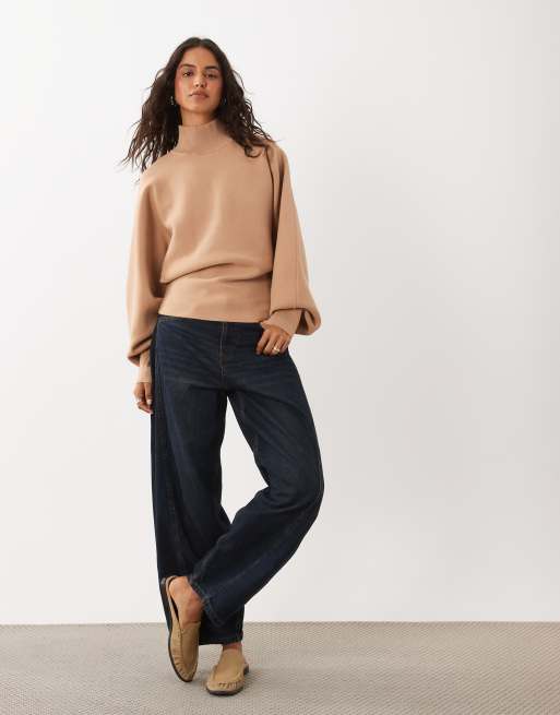 ASOS DESIGN premium high neck batwing compact jumper in camel, 2 of 4