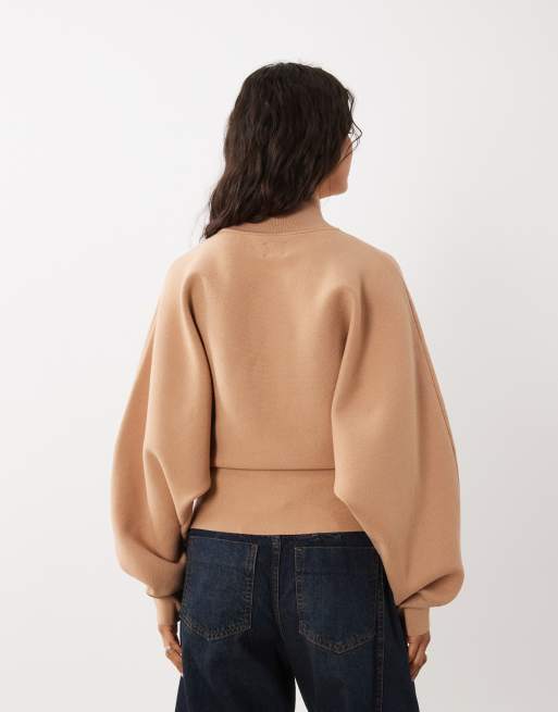 ASOS DESIGN premium high neck batwing compact jumper in camel, 4 of 4