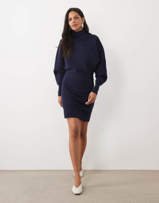 ASOS DESIGN premium high neck batwing compact mini knit dress in navy
