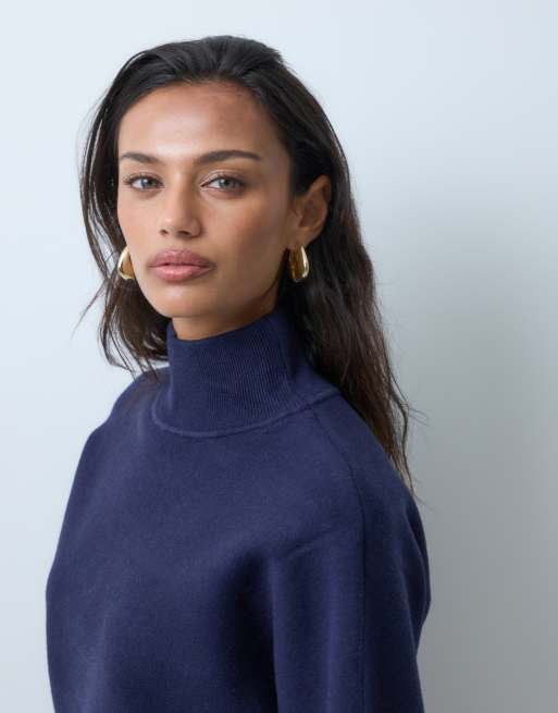 ASOS DESIGN premium high neck batwing compact mini knitted dress in navy, 2 of 5