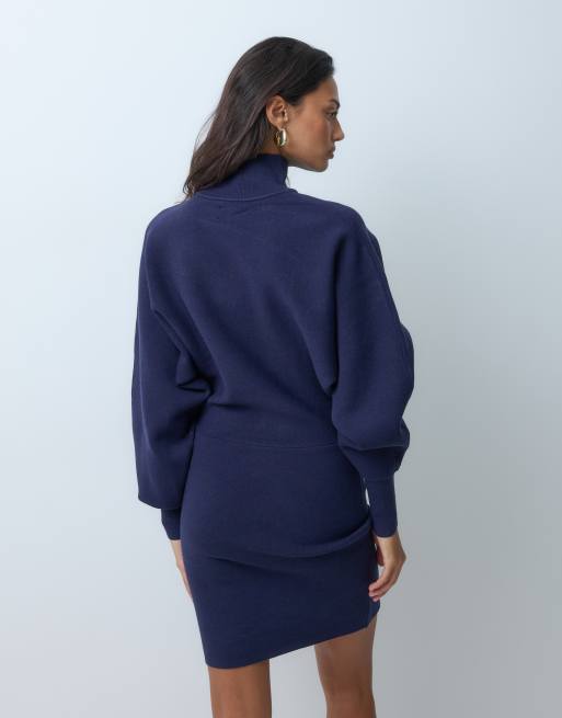 ASOS DESIGN premium high neck batwing compact mini knitted dress in navy, 4 of 5