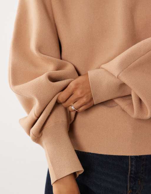 ASOS DESIGN premium high neck batwing compact sweater in camel, 3 of 4