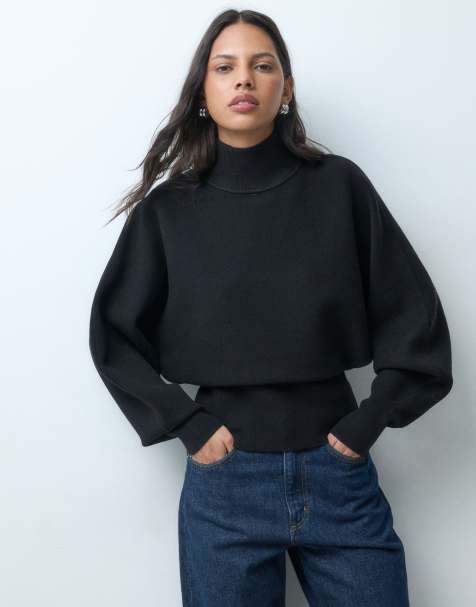 ASOS DESIGN premium high neck batwing sleeve compact sweater in black - view 1