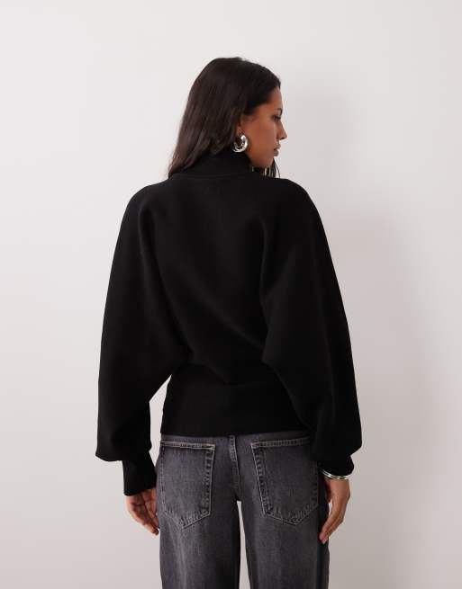 ASOS DESIGN premium high neck batwing sleeve compact sweater in black, 4 of 4