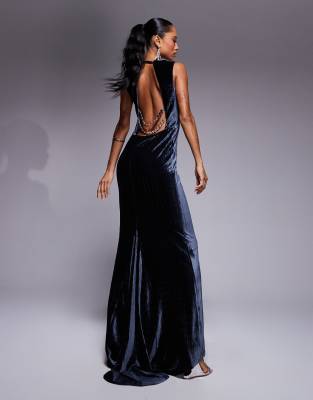 premium high neck crushed velvet maxi dress with oversized diamante trim back detail in charcoal-Gray