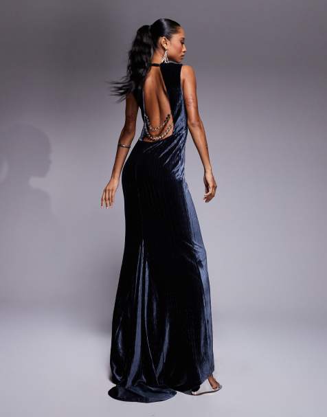 ASOS DESIGN premium high neck crushed velvet maxi dress with oversized diamante trim back detail in charcoal - view 1