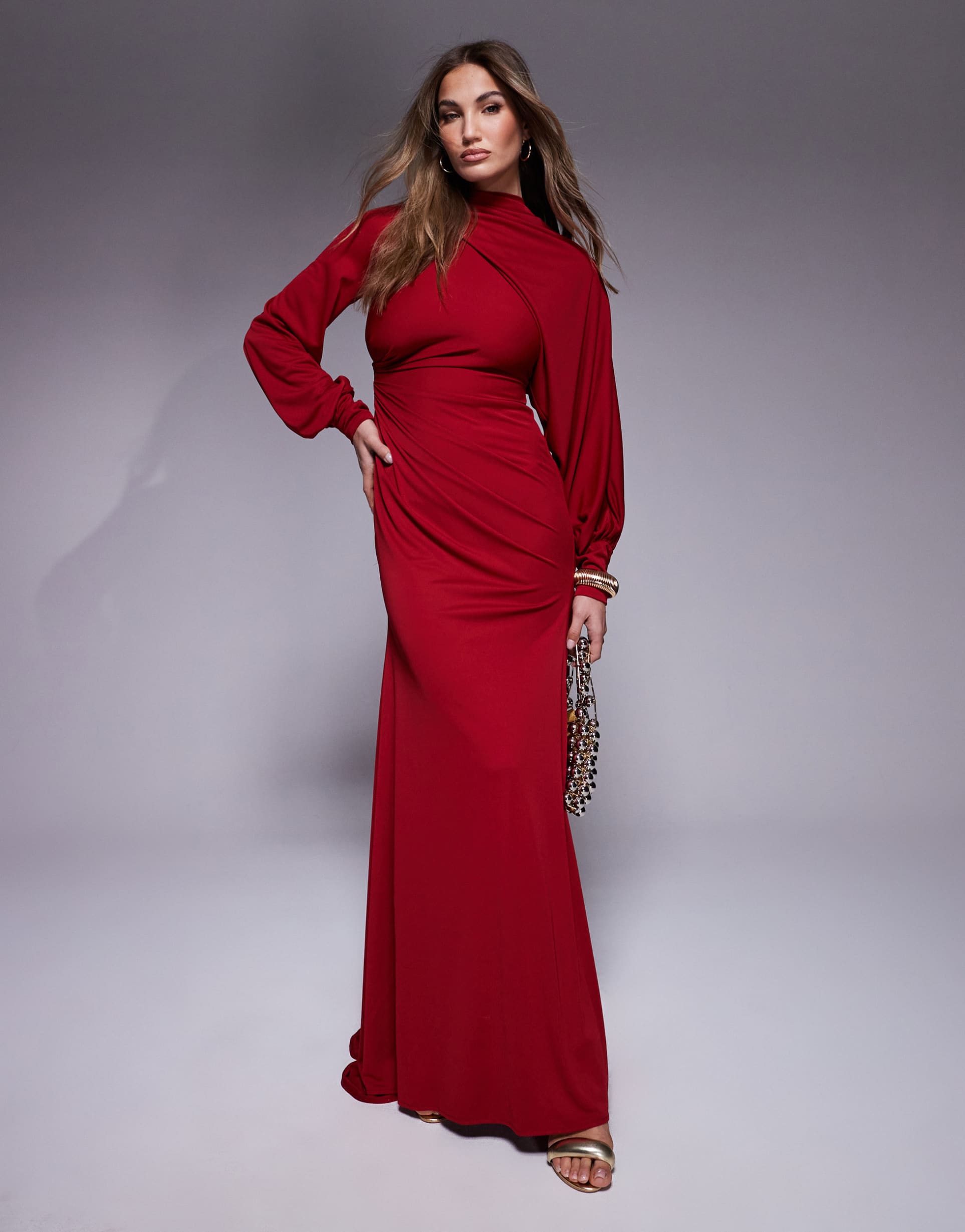 asos design premium high neck maxi dress with drape sleeves in burgundy