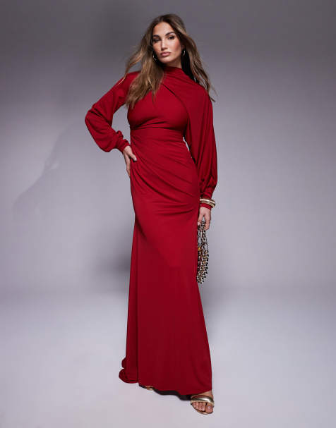 ASOS DESIGN Premium high neck maxi dress with drape sleeves in burgundy 
