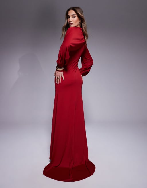 ASOS DESIGN premium high neck maxi dress with drape sleeves in burgundy