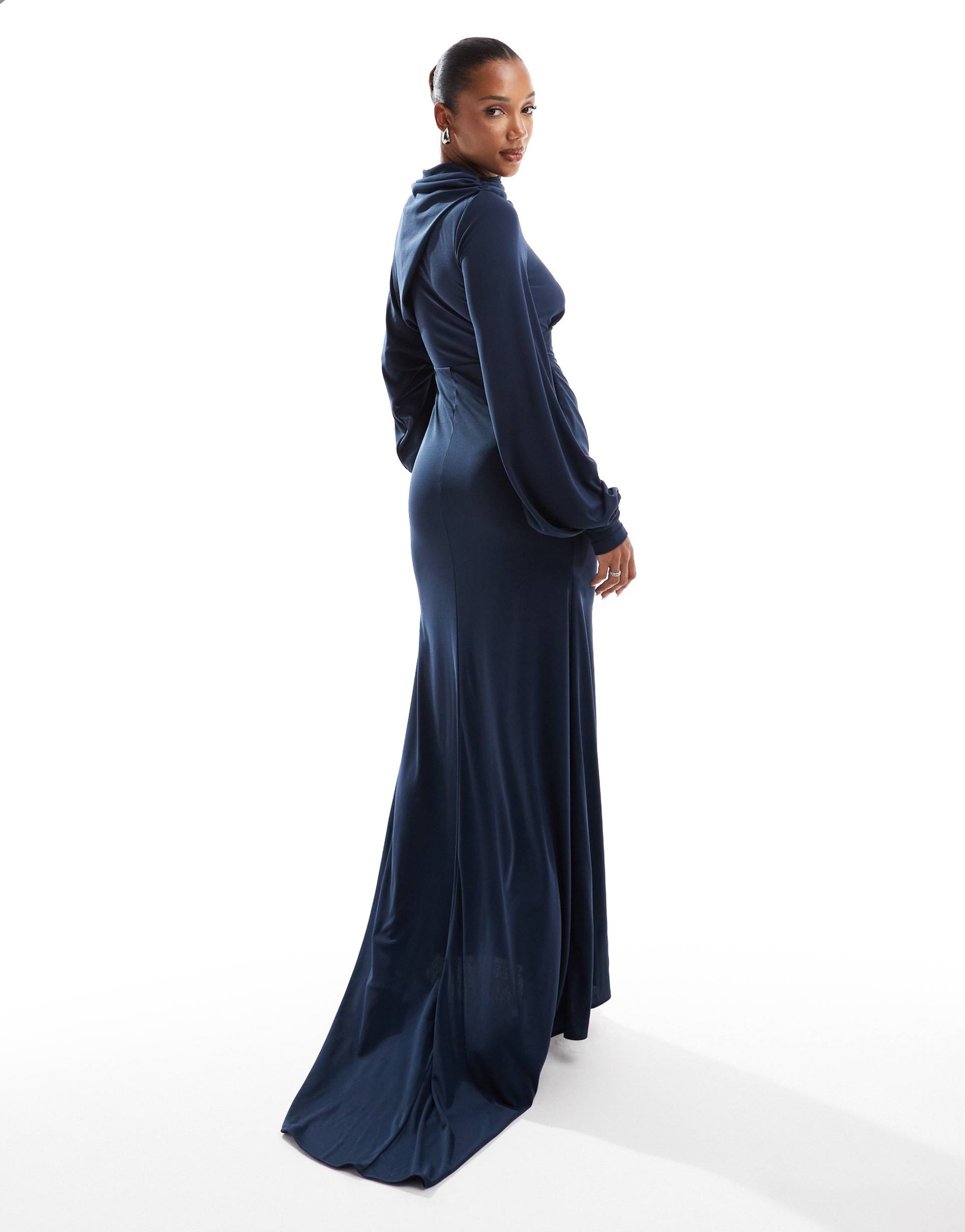 asos design premium high neck maxi dress with drape sleeves in dark blue