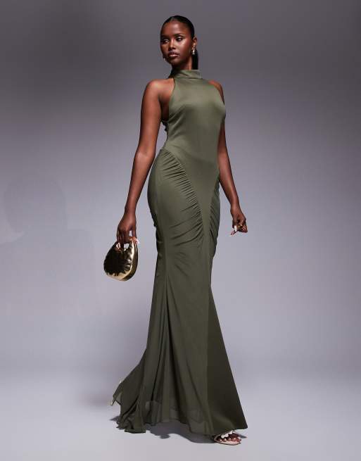 ASOS DESIGN high neck maxi dress with super ruched channels in khaki green