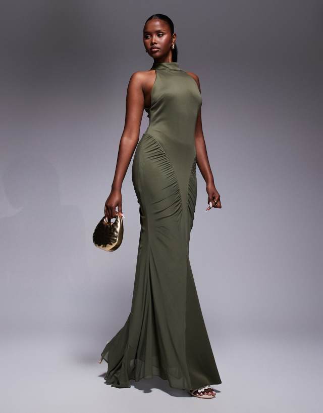 asos design high neck maxi dress in green Premium with super ruched channels khaki VENDOR COLOR-GREEN WHITE
