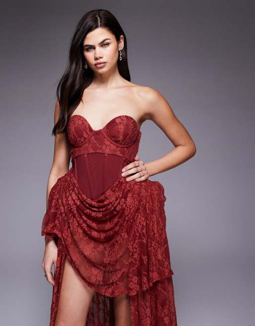 ASOS DESIGN Premium hitched corset lace mini dress with hip pads and  high-low hem in mulberry | ASOS
