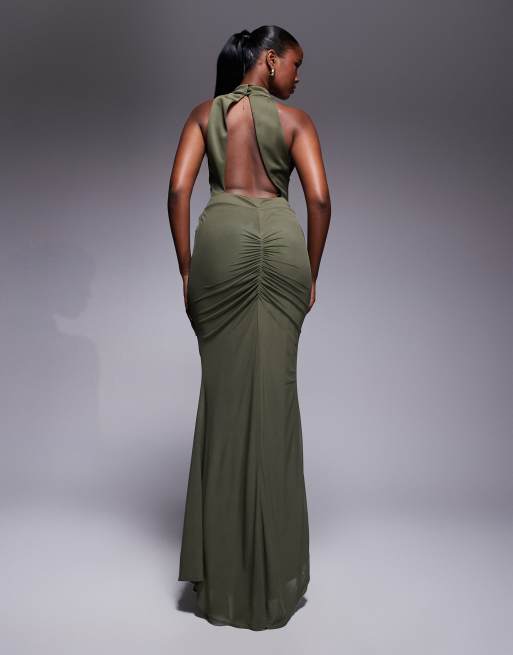 ASOS DESIGN – Premium – Hochgeschlossenes Maxikleid in Khaki mit stark gerafften Bahnen , 3 von 4