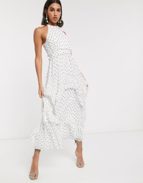 ASOS DESIGN – Premium – Hochgeschlossenes Maxikleid mit Punktmuster und Rüschenbesatz