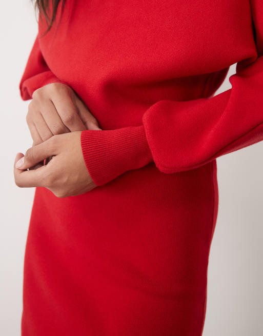 ASOS DESIGN premium hoogsluitende batwing compacte mini gebreide jurk in rood, 3 van 4
