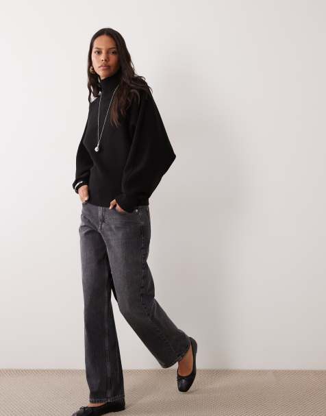 ASOS DESIGN premium hoogsluitende batwing compacte trui in zwart - view 1
