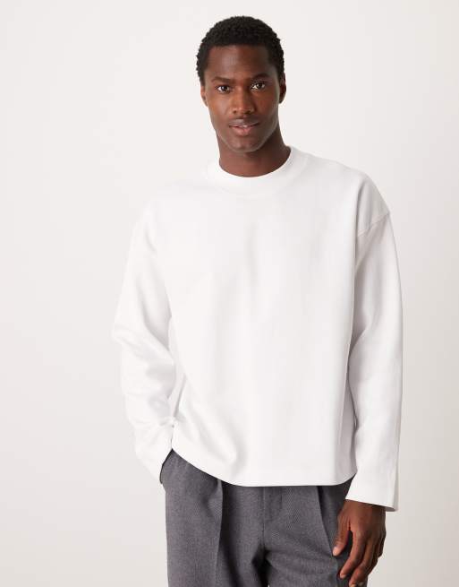 ASOS DESIGN - Premium - Hvid oversized T-shirt med høj hals, lange ærmer og interlock-sømme i stof på 300 gsm i firkantet pasform