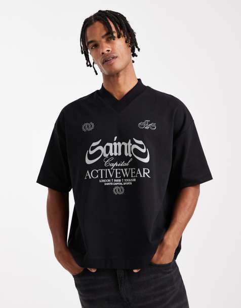 ASOS DESIGN premium interlock boxy oversized t-shirt with v neck and sports graphic in black - view 1