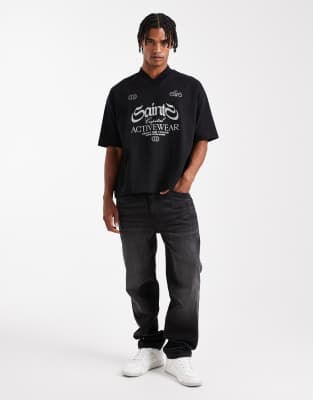 Asos Design Premium Interlock Boxy Oversized T-shirt With V Neck And Sports Graphic In Black