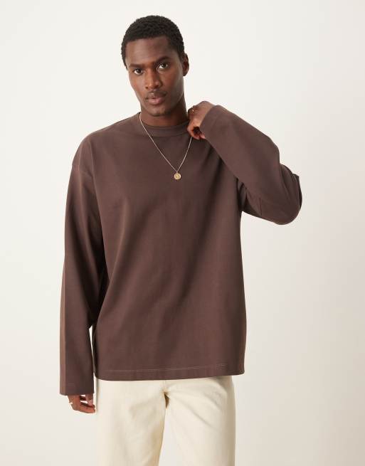 ASOS DESIGN – Premium – Interlock – Brun t-shirt i oversize med lång ärm på 300gsm