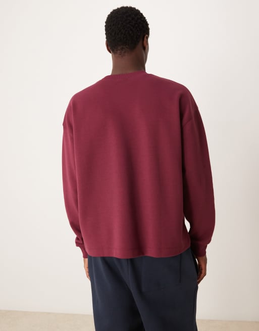 ASOS DESIGN premium interlock oversized boxy long sleeve t-shirt in burgundy  , 2 of 4
