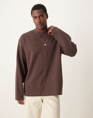 Asos Design Premium Interlock Oversized Long Sleeve T-shirt 300gsm In Brown