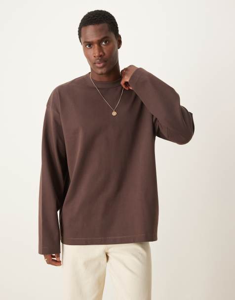 ASOS DESIGN Premium interlock oversized long sleeve t-shirt 300gsm in brown - view 1